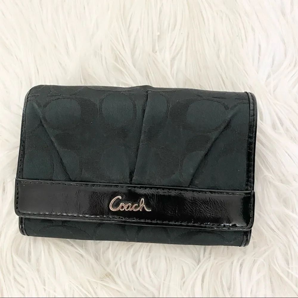 Coach Black Canvas Signature Patent Leather Foldover Wallet
